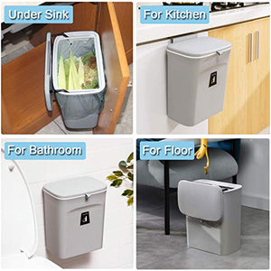 Tiyafuro 2.4 Gallon Kitchen Compost Bin for Counter Top or Under Sink, Hanging Small Trash Can with Lid for Cupboard/Bathroom/Bedroom/Office/Camping, Mountable Indoor Compost Bucket, Gray