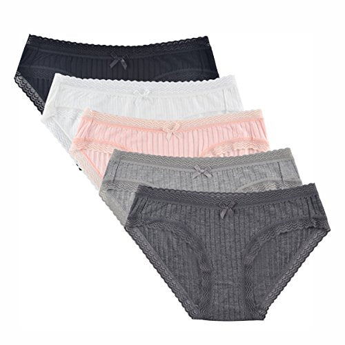 KNITLORD Women's Lace Trim Underwear Bamboo Viscose Soft Bikini Panties 5 Pack (M)