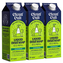 Load image into Gallery viewer, Cleancult Dish Soap Liquid Refills (32oz, 3 Pack) - Dish Soap that Cuts Grease &amp; Grime - Free of Harsh Chemicals - Paper Based Eco Refill, Uses 90% Less Plastic - Lemongrass
