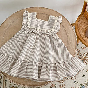 Ashmyova Toddler Girls Linen Summer Casual Dress Kids Vintage Ruffles Stripe Baby Rompers Dresses Kahhi Rompers Size 0-6 Months