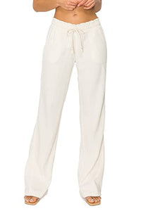 Cali1850 Women's Casual Linen Pants - Drawstring Smocked Waist Oceanside Lounge Beach Trousers with Pockets 7024Z-LNN Oatmeal M