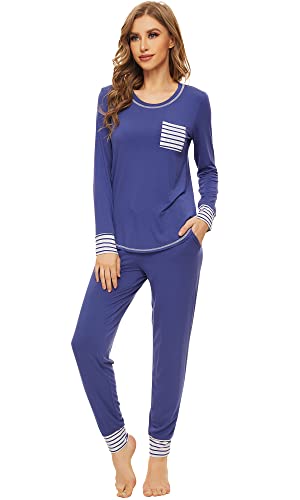 WiWi Bamboo Pajamas Set for Women Long Sleeve Sleepwear Soft Loungewear Pjs Jogger Pants with Pockets S-XXL, Indigo Blue, Small