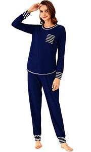 WiWi Bamboo Pajamas Set for Women Long Sleeve Sleepwear Soft Loungewear Pjs Jogger Pants with Pockets S-XXL, Navy, Medium