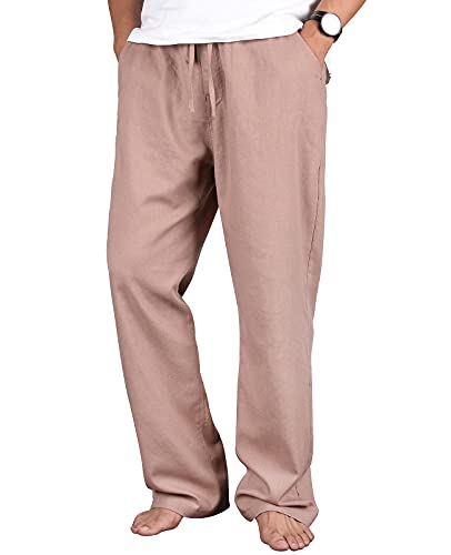 ThCreasa Mens Casual Elastic Waist Drawstring Pants Cotton Linen Baggy Lounge Pants Beach Trousers with Pockets (Dark Khaki, Large)