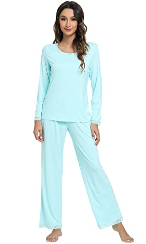 WiWi Bamboo Soft Pajamas Sets for Women Long Sleeve Sleepwear Scoop Neck Top with Pants Loungewear S-XXL, Aqua, Small