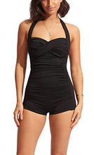 Load image into Gallery viewer, Seafolly Women&#39;s Standard Twist Front Soft Cup Boyleg One Piece Swimsuit, Eco Collective Black, 14
