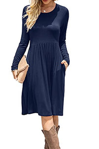 DB MOON Women Casual Long Sleeve Dresses Empire Waist Loose Dress with Pockets (Navy Blue, S)