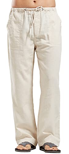 utcoco Qiuse Men's Casual Loose Fit Straight-Legs Stretchy Waist Beach Pants (X-Large, Beige)