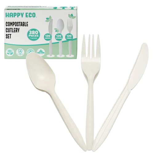 100% Compostable Cutlery Set - 380 pcs Disposable Biodegradable Utensils Eco-Friendly Cutlery Combo Set - Biodegradable Tableware Sets - Biodegradable Forks Spoons Knives Flatware