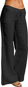 RUSHAIBAR Women's Cotton Linen Long Lounge Pants High Waist Drawstring Loose Fit Casual Trousers with Pockets Black M