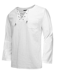COOFANDY Mens Cotton Linen Shirts Lace Up Casual Beach Hippie Tee Shirts V Neck