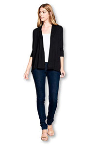 Women's 3/4 Sleeve Extra Soft Open Front Casual Flowy Bamboo Cardigan - Made in USA (Large, Black)