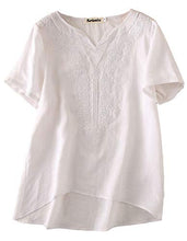 Load image into Gallery viewer, Mordenmiss Women&#39;s Embroidered Blouse Tunic V-Neck Linen Tops Short Sleeve Hi-Low Hem Shirt for Petite (XXL, Style 2-White)
