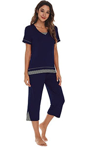 WiWi Bamboo Pajamas Set for Women V Neck Striped Sleepwear Soft Short Tops with Capri Pants Pjs Loungewear S-XXL, Navy, XX-Large