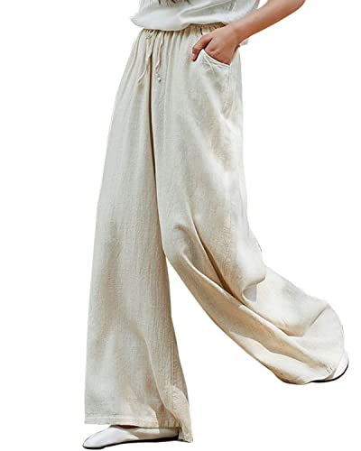 IXIMO Women's Cotton Linen Wide Leg Pants Casual Drawstring Lounge