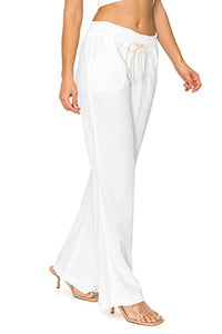 Cali1850 Women's Casual Linen Pants - Drawstring Smocked Waist Oceanside Lounge Beach Trousers with Pockets 7024Z-LNN White L