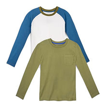 Load image into Gallery viewer, Mightly Boys and Girls&#39; Long Sleeved Raglan | Organic Cotton Fair Trade Certified 2-Pack Shirt Set for Toddlers and Kids, Blue and Olive, 3T
