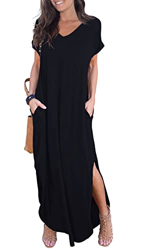 GRECERELLE Women's Casual Loose Pocket Long Dress Short Sleeve Split Maxi Dress Black X-Large