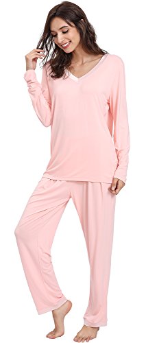 GYS Bamboo Pajamas Set for Women V Neck Long Sleeve Sleepwear with Pants Soft Comfy Pj Lounge Sets S-4X, Pink, 4X-Large Plus