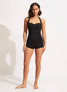 Seafolly Women's Standard Twist Front Soft Cup Boyleg One Piece Swimsuit, Eco Collective Black, 14