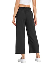 Load image into Gallery viewer, andy &amp; natalie Women&#39;s Crop Linen Pants Casual Loose Wide Leg Drawstring Elastic Waist Pants with Pockets Black
