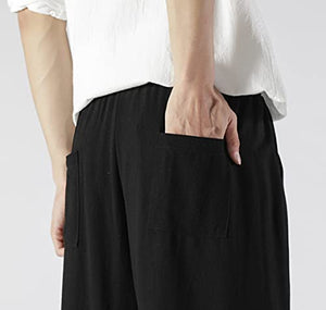 chouyatou Men's Summer Drawstring Elastic Waist Loose Fit Wide Legs Yoga Linen Palazzo Beach Pant Pocket (Black, X-Large)