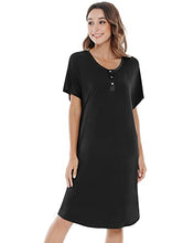 Load image into Gallery viewer, NACHILA Womens Bamboo Nightgown Button-down Sleepwear Short Sleeve Nightshirt Soft Night Dress Black M
