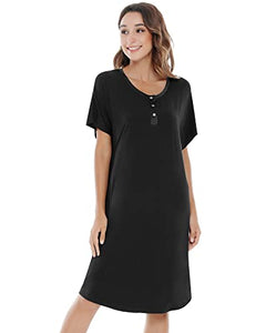 NACHILA Womens Bamboo Nightgown Button-down Sleepwear Short Sleeve Nightshirt Soft Night Dress Black M