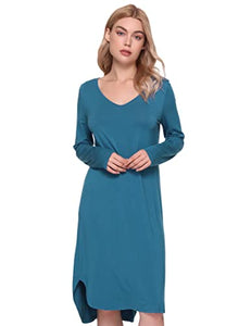 GYS Bamboo Nightgowns for Women Long Sleeve Sleep Shirts V Neck Sleepwear Casual Loungewear Night Dress, Teal Blue, Large