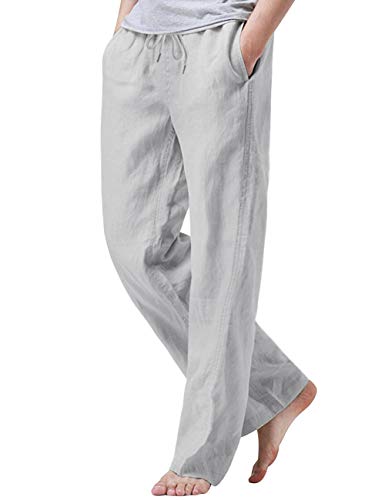 iWoo Men's Drawstring Linen Wide Leg Pant Linen Pants Loose Fit Hemp Pants Grey XXL