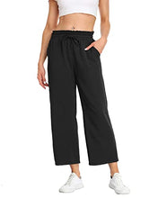 Load image into Gallery viewer, andy &amp; natalie Women&#39;s Crop Linen Pants Casual Loose Wide Leg Drawstring Elastic Waist Pants with Pockets Black
