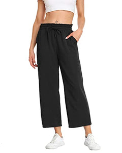 andy & natalie Women's Crop Linen Pants Casual Loose Wide Leg Drawstring Elastic Waist Pants with Pockets Black