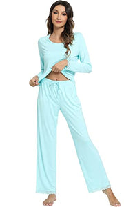 WiWi Bamboo Soft Pajamas Sets for Women Long Sleeve Sleepwear Scoop Neck Top with Pants Loungewear S-XXL, Aqua, Small