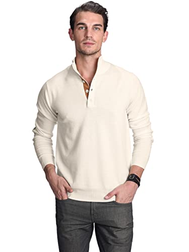 State Cashmere Button Up Mock Neck Sweater - Long Sleeve Pullover for Men Made with 100% Pure Cashmere Sourced from Inner Mongolia Goats - Soft, Lightweight & Versatile - (Undyed White, Large)