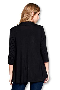 Women's 3/4 Sleeve Extra Soft Open Front Casual Flowy Bamboo Cardigan - Made in USA (Large, Black)