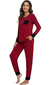 WiWi Bamboo Pajamas Set for Women Long Sleeve Sleepwear Soft Loungewear Pjs Jogger Pants with Pockets S-XXL, Wine Red, Medium