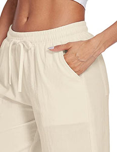 UNibelle Women Linen Drawstring Pants Comfy Lounge Homewear Trouser with Pockets