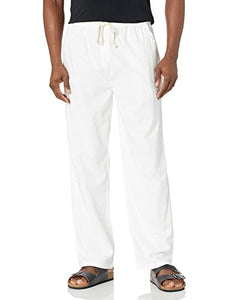 Youhan Men's Fitted Elastic Waistband Cotton Linen Pants with Drawstring (Large, White)
