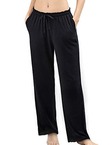 COLORFULLEAF Women's Bamboo Pajamas Pants Ruffled Waist Lounge & Sleep Bottoms with Pockets (Black, M)