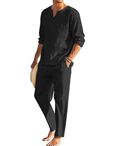 COOFANDY Men's 2 Pieces Cotton Linen Set Henley Shirt Long Sleeve and Casual Beach Pants Summer Yoga Outfits Black