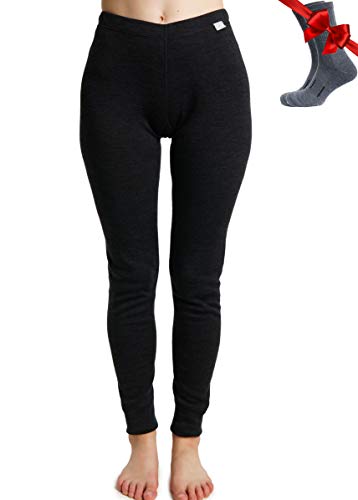 Merino Wool Base Layer Women Pants 100% Merino Wool Leggings Midweight Thermal Underwear Bottoms + Merino Wool Socks(Medium, Charcoal Grey 250)
