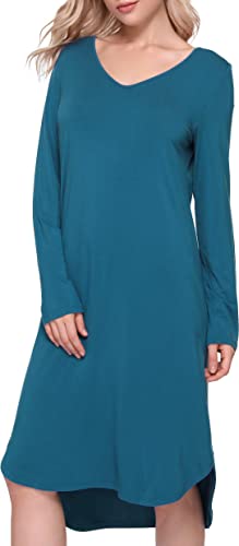 GYS Bamboo Nightgowns for Women Long Sleeve Sleep Shirts V Neck Sleepwear Casual Loungewear Night Dress, Teal Blue, Large