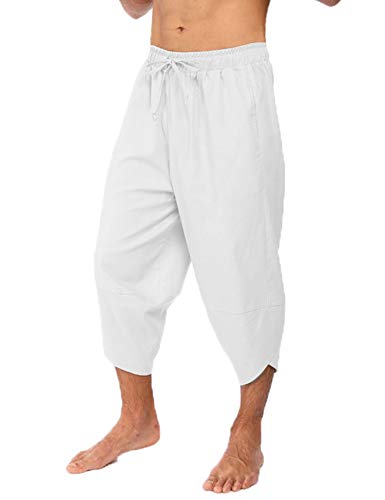 COOFANDY Men's Linen Harem Capri Pants Lightweight Loose 3/4
