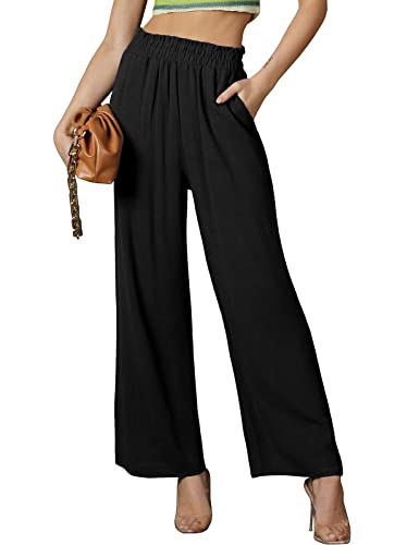 DOUBLJU Women's Casual Elastic Waist Comfy Wide Leg Linen Pants with Pockets Black Medium