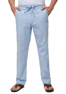 Janmid Men Casual Beach Trousers Linen Summer Pants (Sky Blue, L)