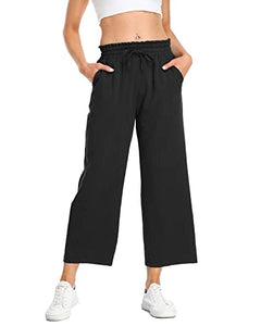andy & natalie Women's Crop Linen Pants Casual Loose Wide Leg Drawstring Elastic Waist Pants with Pockets Black