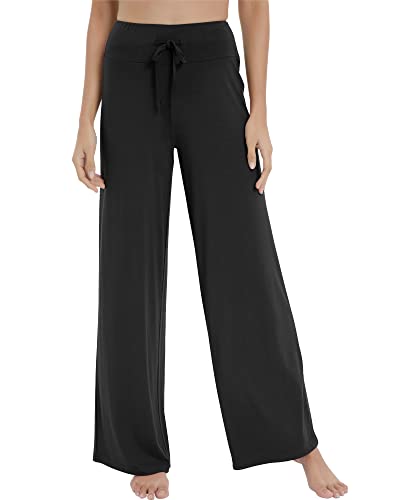 NACHILA Women's Bamboo Lounge Pants Wide Leg Casual Bottoms Stretchy Pajama Pants Soft Sleepwear Plus Size Black S