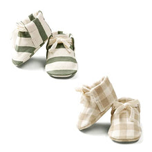 Load image into Gallery viewer, Makemake Organics GOTS Organic Cotton Baby Booties Soft Sole Stylish Lace up Baby Shoes Set of 2 (Driftwood, Basil Stripes, 6-12M)
