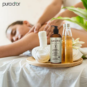 PURA D'OR Organic Massage Therapy Oil (16oz) USDA Certified Almond, Apricot, Argan, Ginger, Jojoba, Lavender Oils for Silky & Softer Skin, Body Moisturizer & Skin Lubricant (Packaging May Vary)