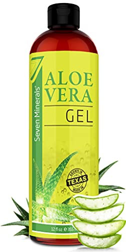 Seven Minerals Organic Aloe Vera Gel from freshly cut 100% Pure Aloe - Big 12oz - HighestQuality, Texas grown, Vegan, Unscented - For Face, Skin, Hair, Sunburn relief